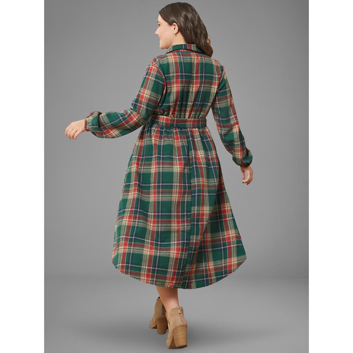 Plaid Plus Size Women Dailywear Midi Dress Pocket Slightly Stretchy Lantern Sleeve Long Sleeve Shirt Collar Pocket Belt Elegance Dresses BloomChic Product Image