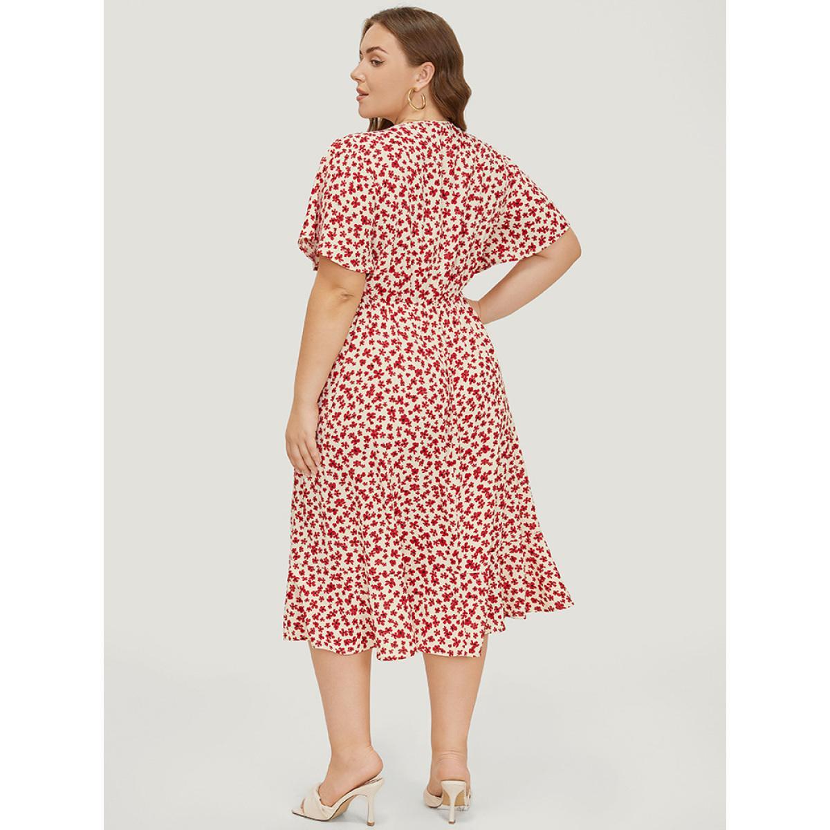 Plus Size Ditsy Floral Knot Front Pocket Ruffle Hem Dress Red Women Elegant Knotted V-neck Short sleeve Curvy Midi Dress BloomChic 26/4X Product Image