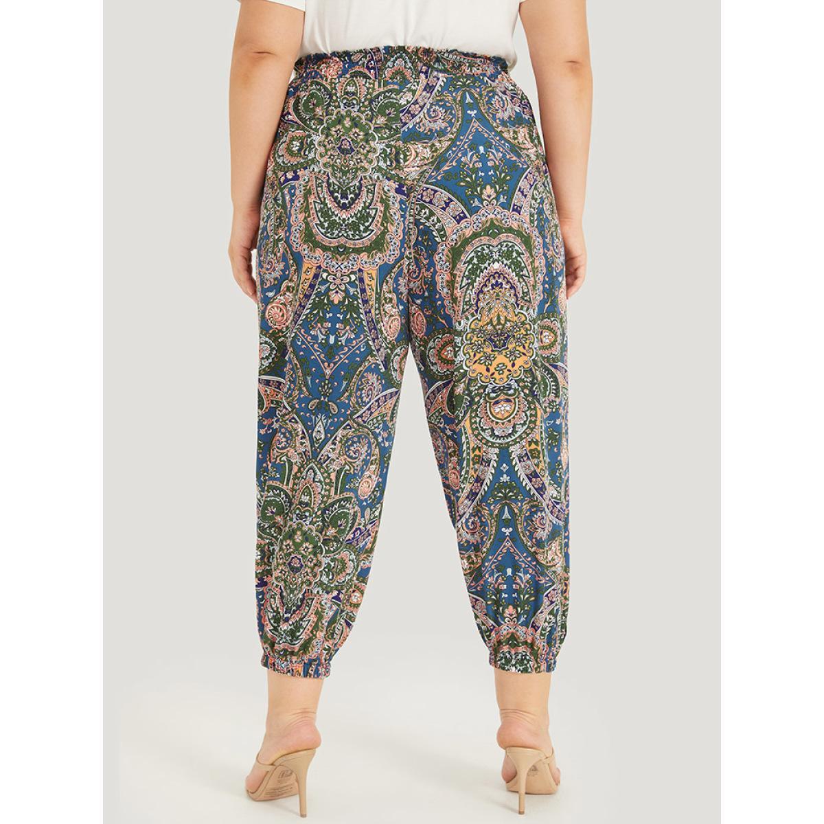 Plus Size Paisley Print Shirred Pocket Elastic Waist Pants Women Indigo Elegant High Rise Dailywear Pants BloomChic 18-20/2X Product Image