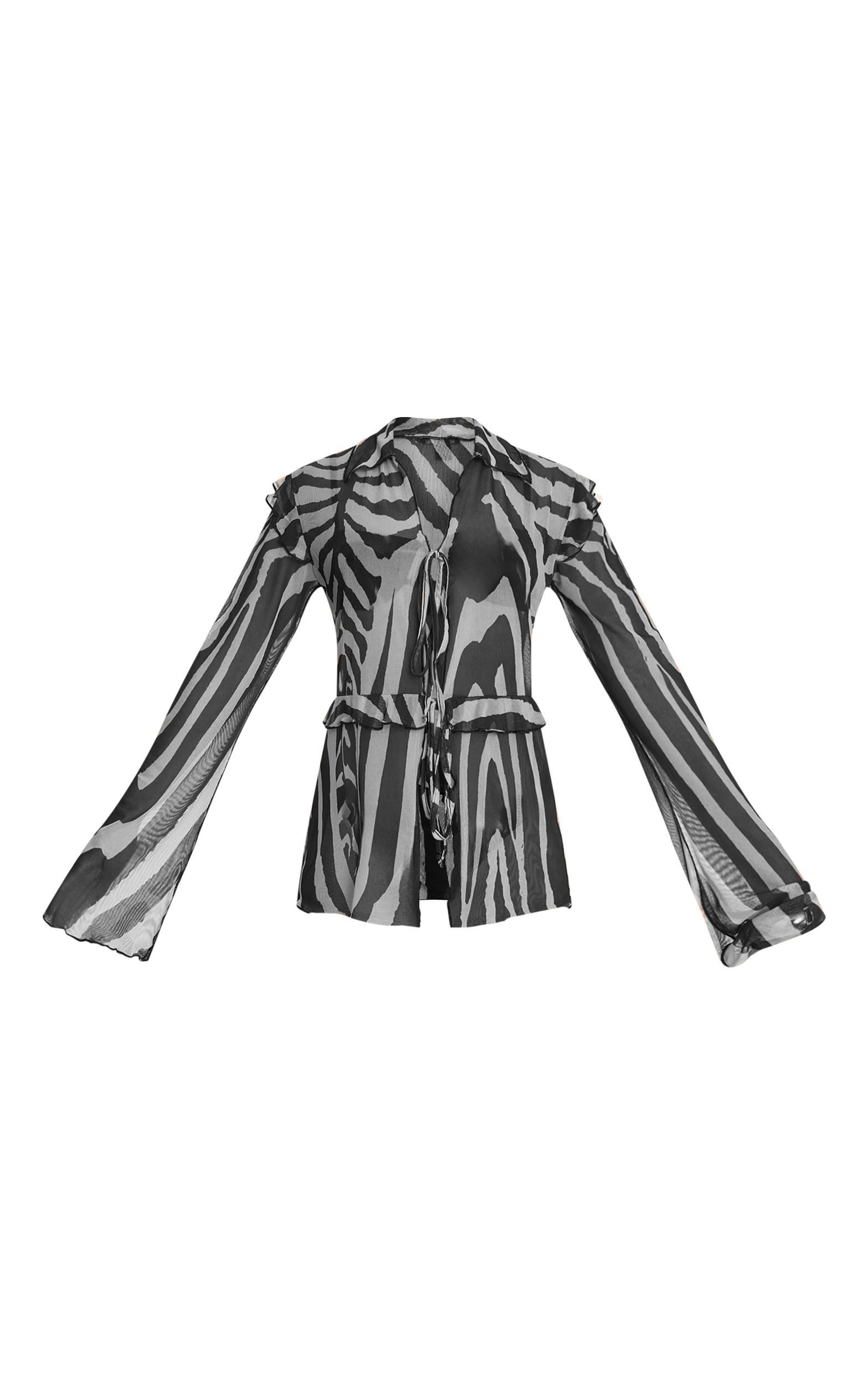 Black Zebra Printed Mesh Frilly Tie Front Beach Top Product Image