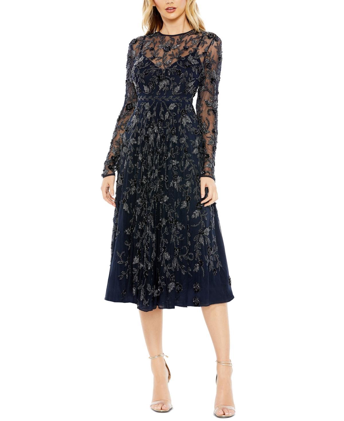 Womens Long-Sleeve Embellished Floral Midi-Dress Product Image