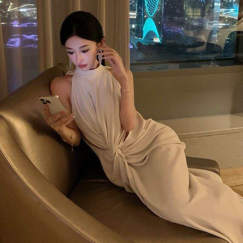 Sleeveless Mock Neck Plain Cut Out Bodycon Maxi Dress Product Image