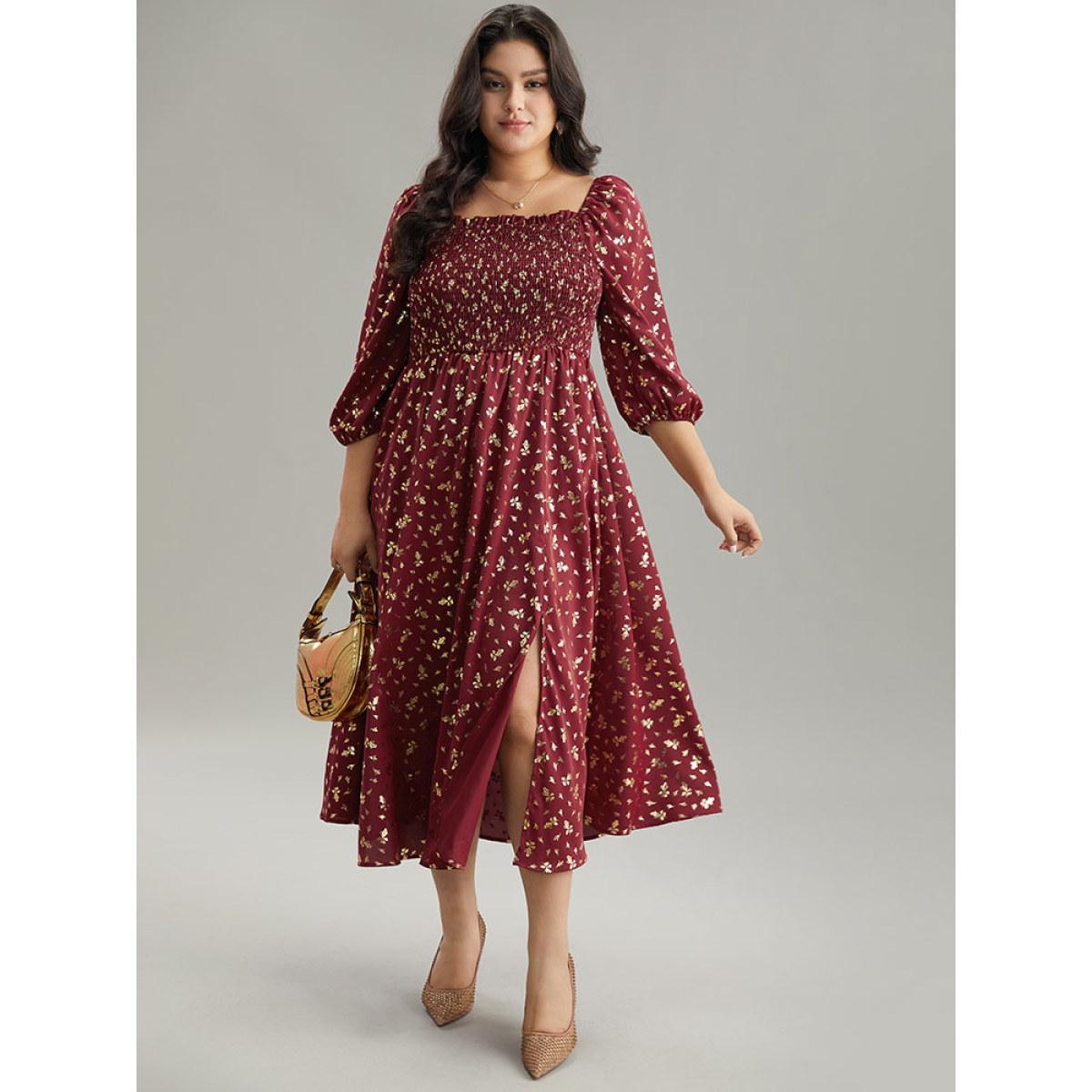 Plus Size Glitter Square Neck Shirred Split Front Frill Trim Dress Scarlet Women Party Elastic cuffs Square Neck Elbow-length sleeve Curvy Midi Dress BloomChic 28/5X Product Image