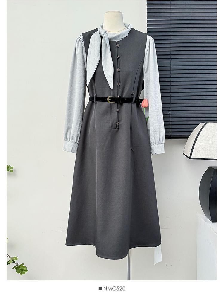 Set: Tie-Neck Loose Blouse + Sleeveless A-Line Dress Product Image