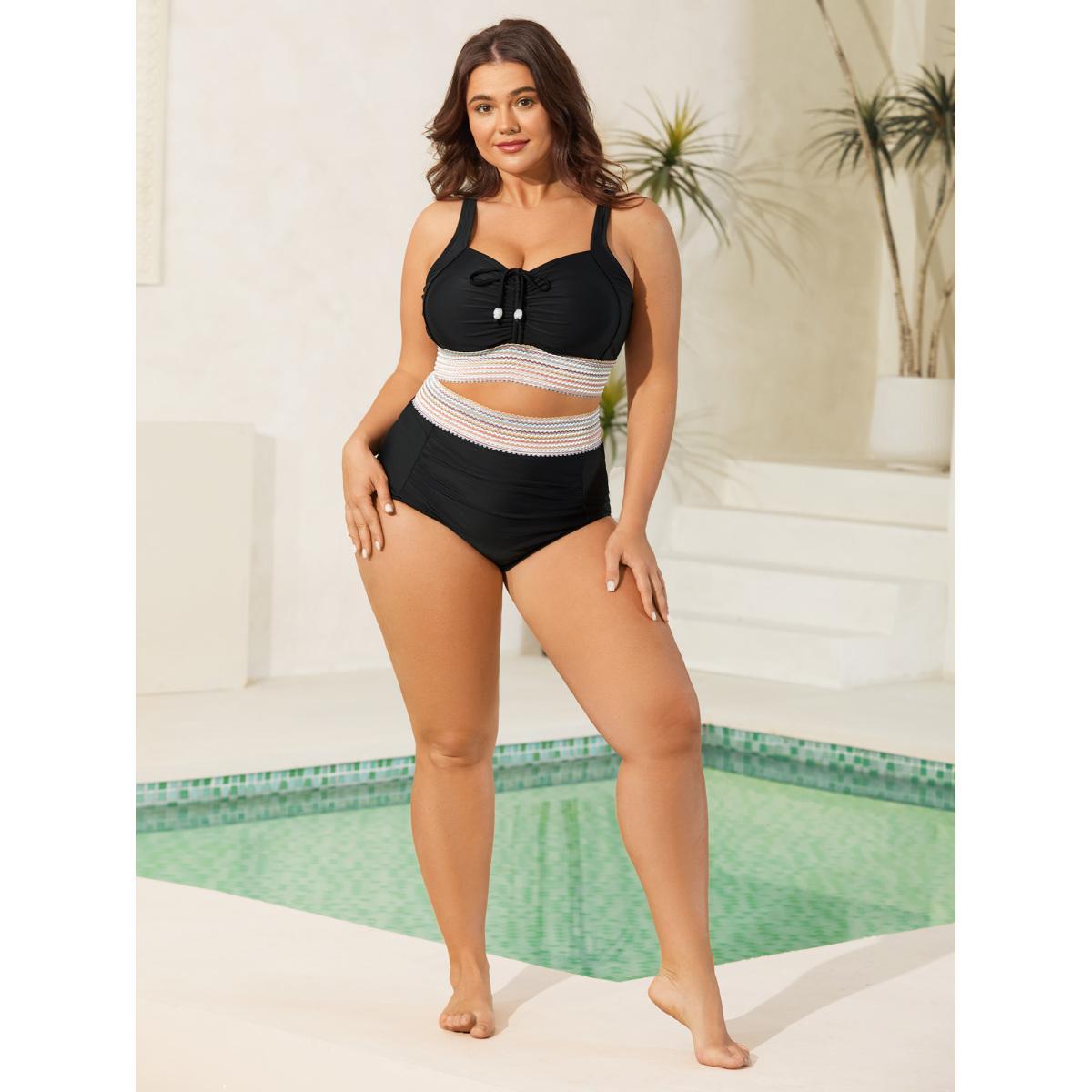 Plus Size Patchwork Ruched Drawstring Swim Top Women's Swimwear Black Beach Patchwork High stretch Skinny Non Curve Swim Tops BloomChic 30/6X Product Image