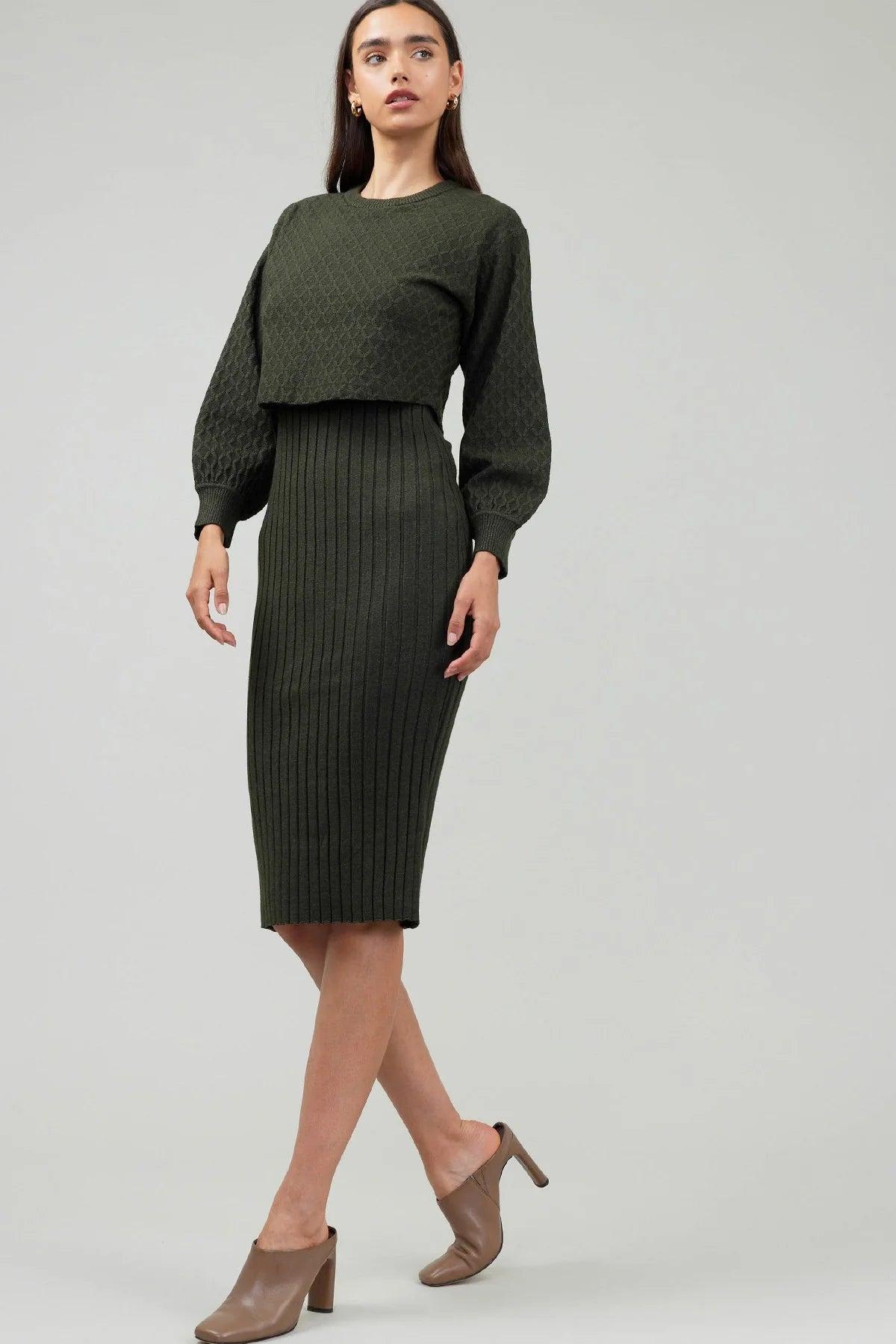 Mock Neck Cable Knit Sweater Midi Dress Product Image