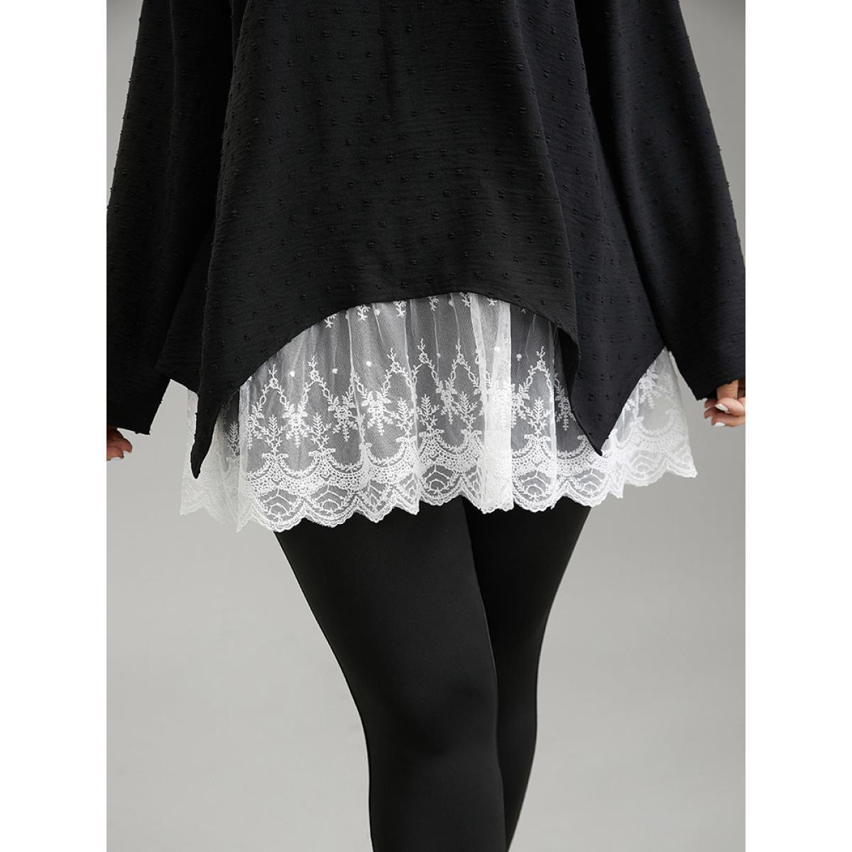 Plus Size Black Crochet Lace Mesh Polka Dot Asymmetrical Hem Blouse Women Elegant Long Sleeve Round Neck Everyday Blouses BloomChic 10/M Product Image