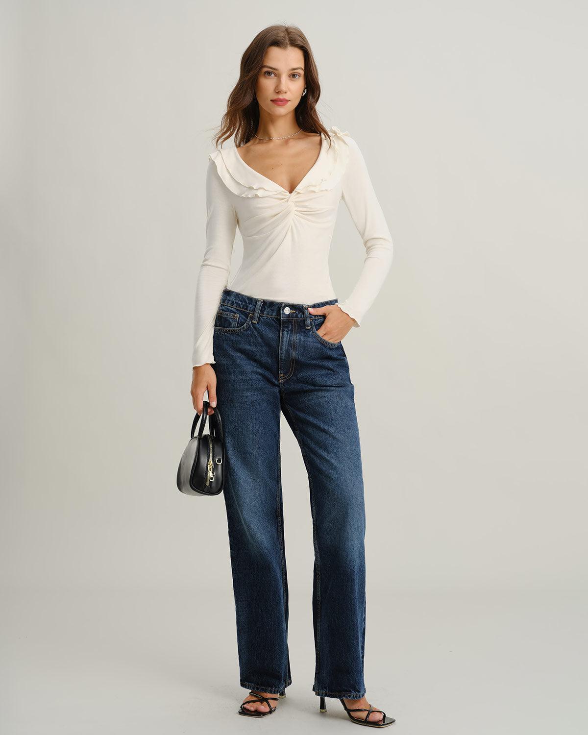 Beige V Neck Ruffle Twist Tee Product Image