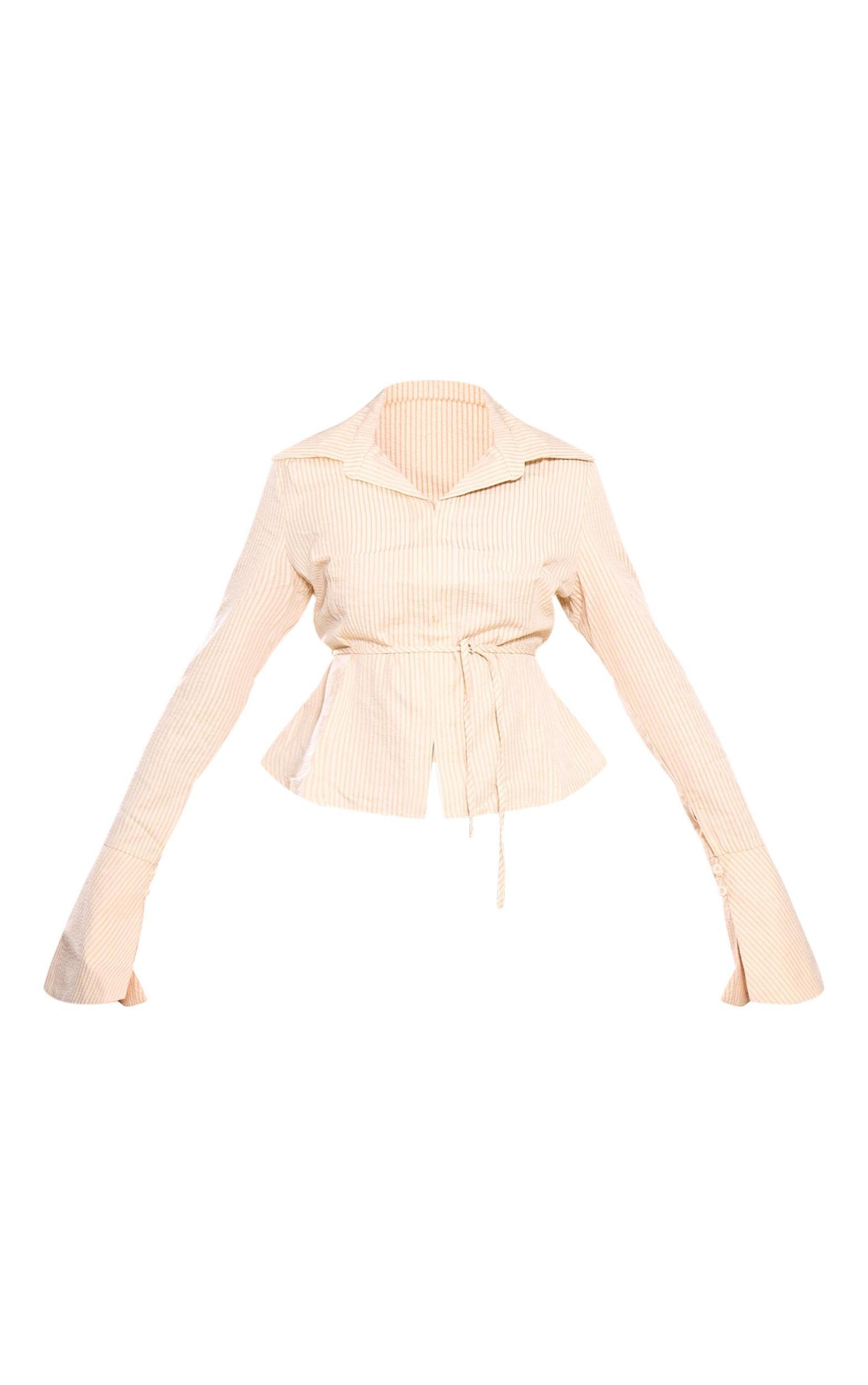 Beige Striped Hook And Eye Flare Sleeve Shirt Product Image