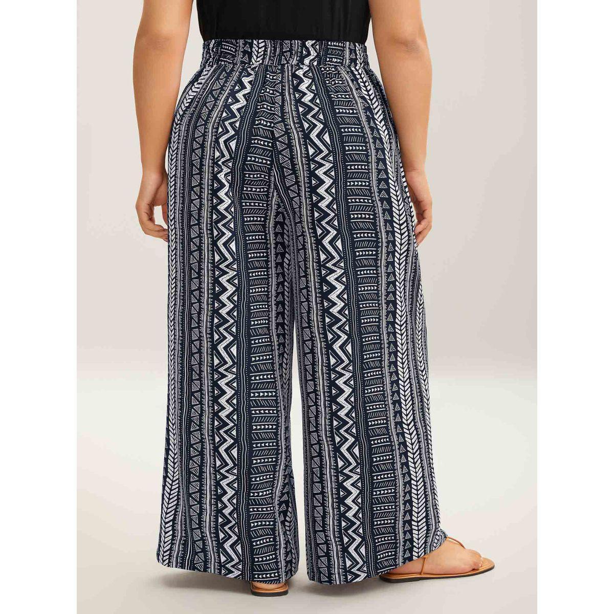 Plus Size Waist-Tie Wide-Leg Boho Print Pants Women Indigo Casual Wide Leg Mid Rise Everyday-Casual Pants BloomChic 22-24/3X Product Image