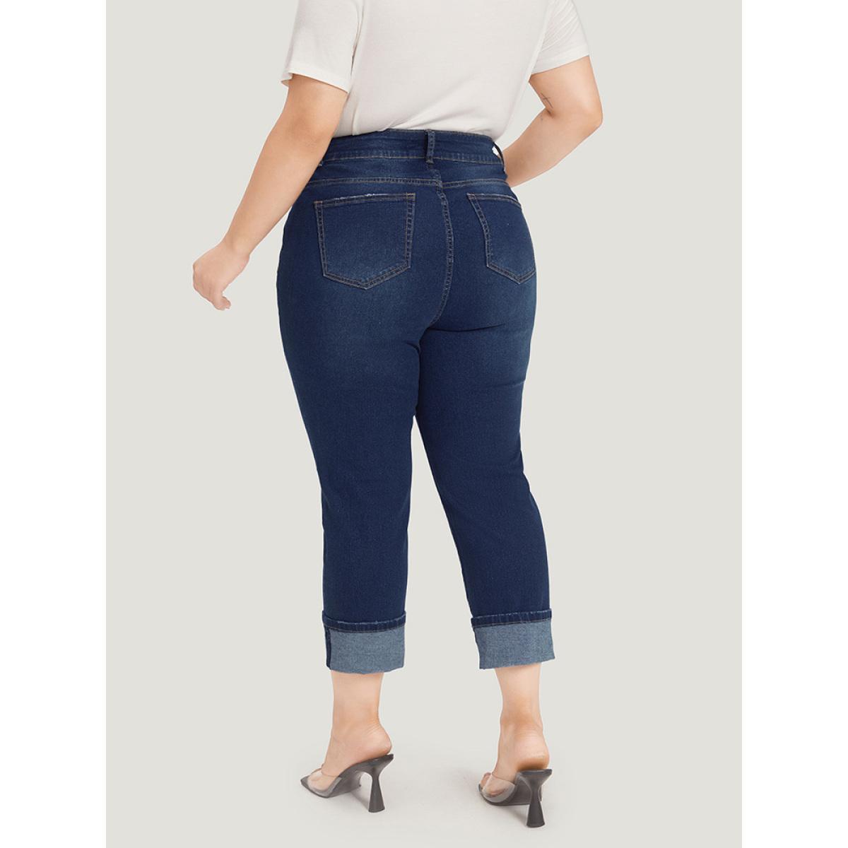 Plus Size Roll Hem High Rise Pocket Very Stretchy Jeans Women DarkBlue Casual Plain Plain High stretch Pocket Jeans BloomChic 22/3X Product Image