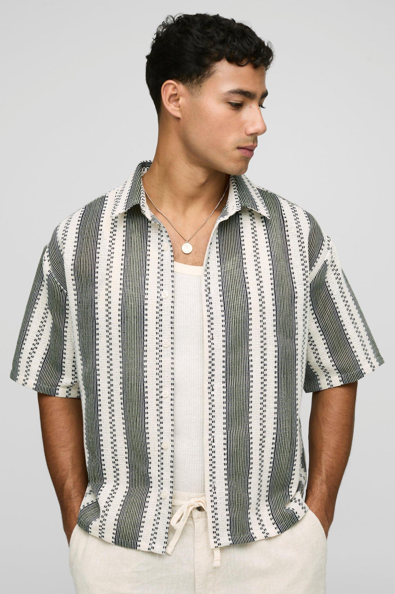 Oversized Boxy Open Weave Stripe Shirt | boohooMAN USA Product Image