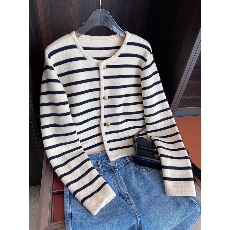 Crew Neck Striped Button-Up Cardigan Product Image