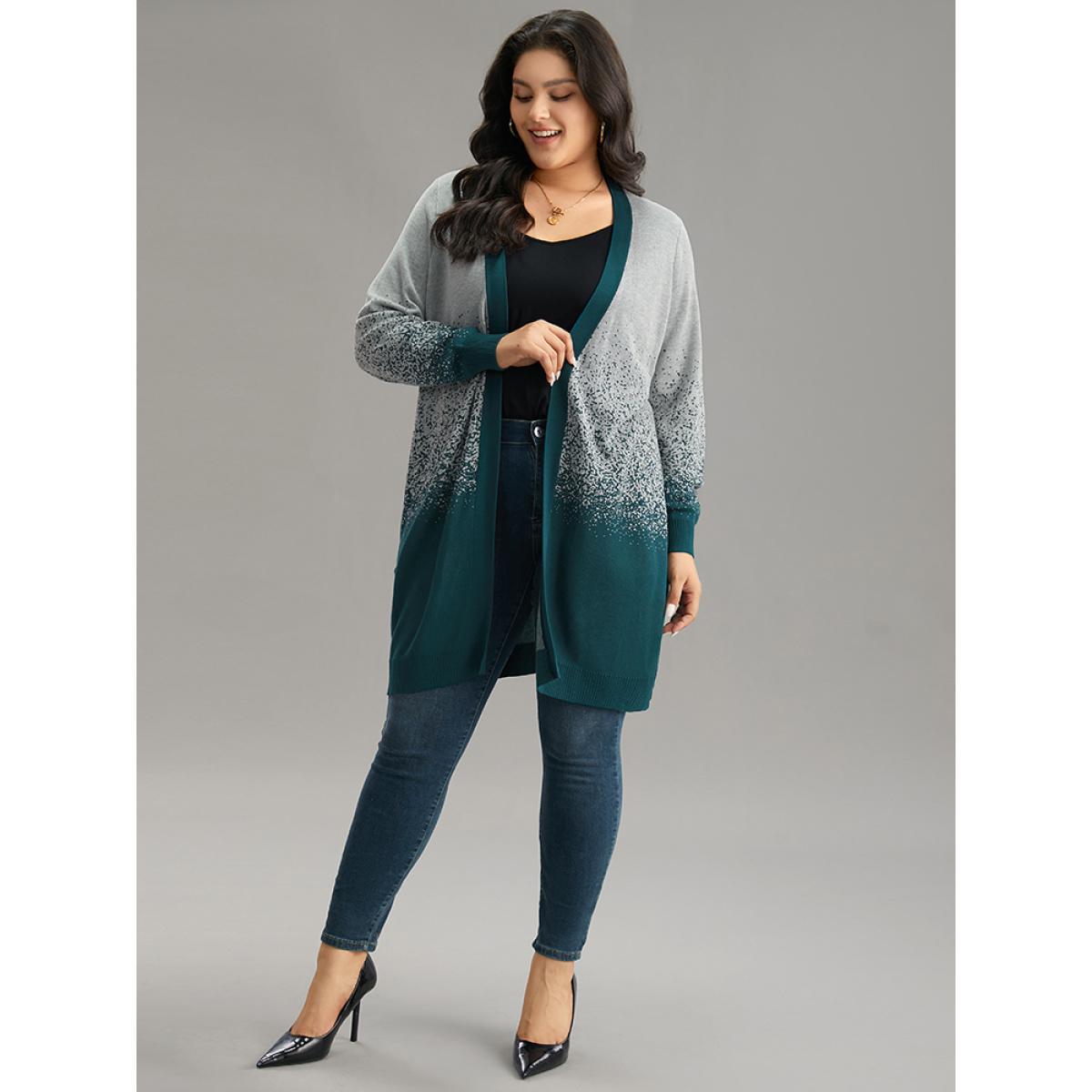 Plus Size Ombre Heather Contrast Open Front Cardigan Cyan Women Casual Loose Long Sleeve Dailywear Cardigans BloomChic 14-16/1X Product Image