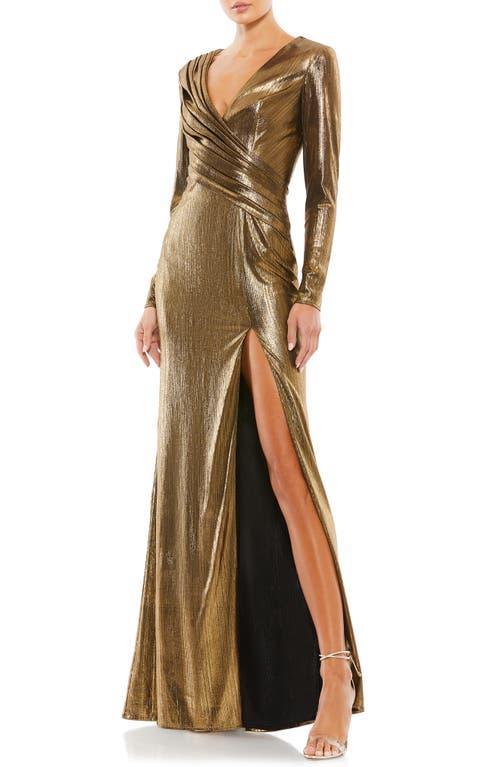 Mac Duggal Metallic Long Sleeve Asymmetrical Drape Ruched Sheath Gown Product Image