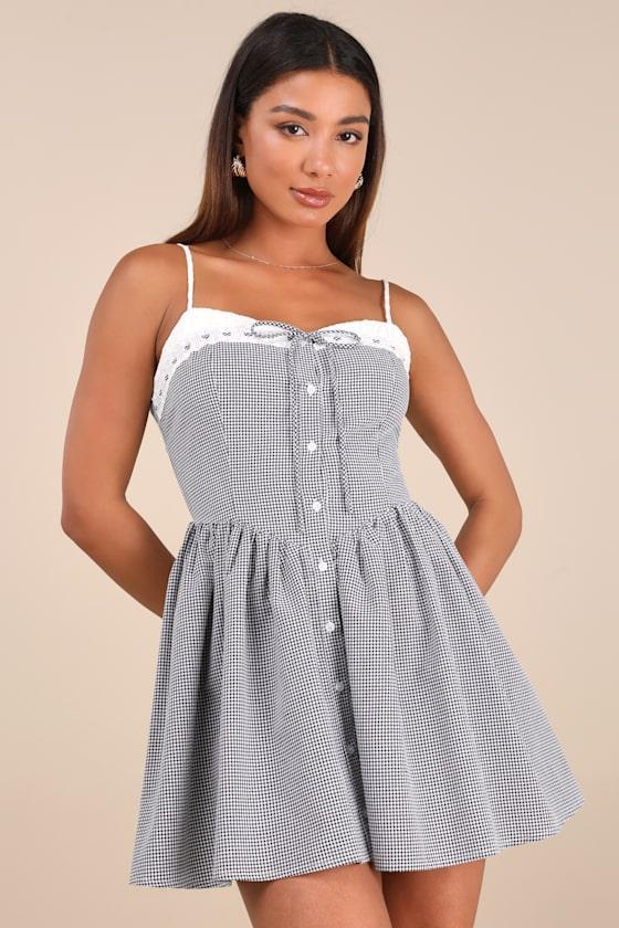 Amarilis Black and White Gingham Button-Front Mini Dress Product Image