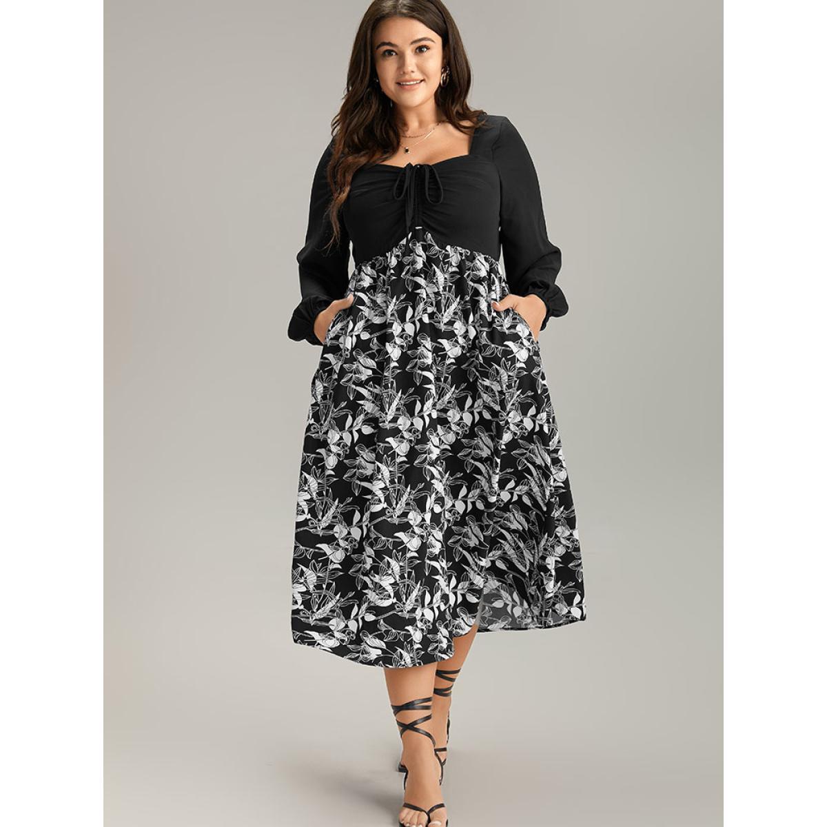 Plus Size Floral Print Ruched Bowknot Patchwork Dress Black Women Elegant Elastic cuffs Square Neck Long Sleeve Curvy Midi Dress BloomChic 14-16/1X Product Image