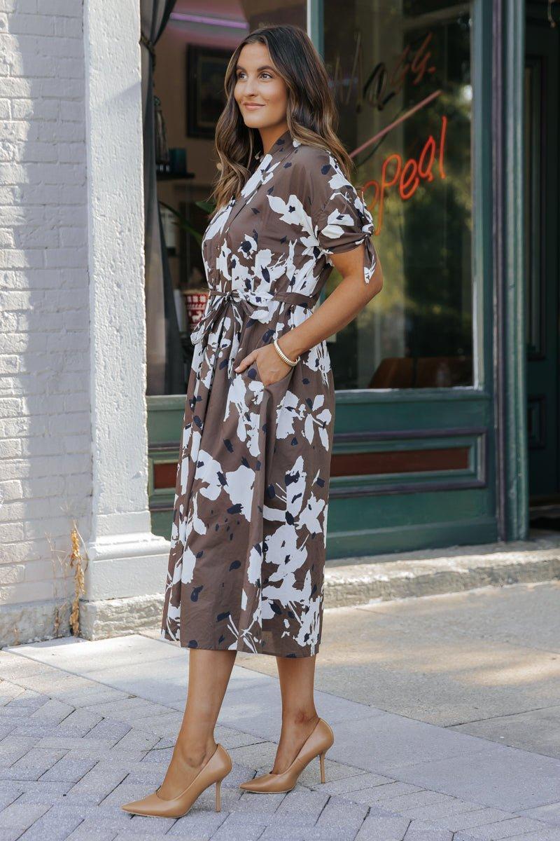 Brown Floral Print Button Down Midi Dress - FINAL SALE Product Image