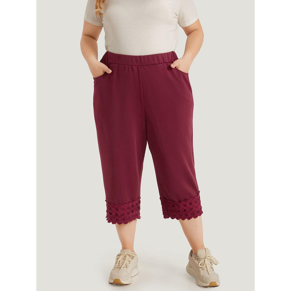 Plus Size Plain Pocket Elastic Waist Trim Hem Pants Women Burgundy Casual High Rise Dailywear Pants BloomChic 14-16/1X Product Image