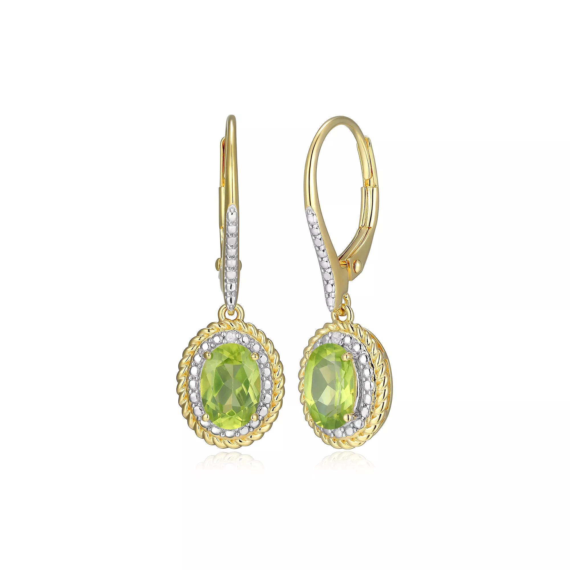 18k Gold Plated Sterling Silver Gemstone & Diamond Accent Halo Leverback Earrings, Women's, August Gen Peridot Product Image