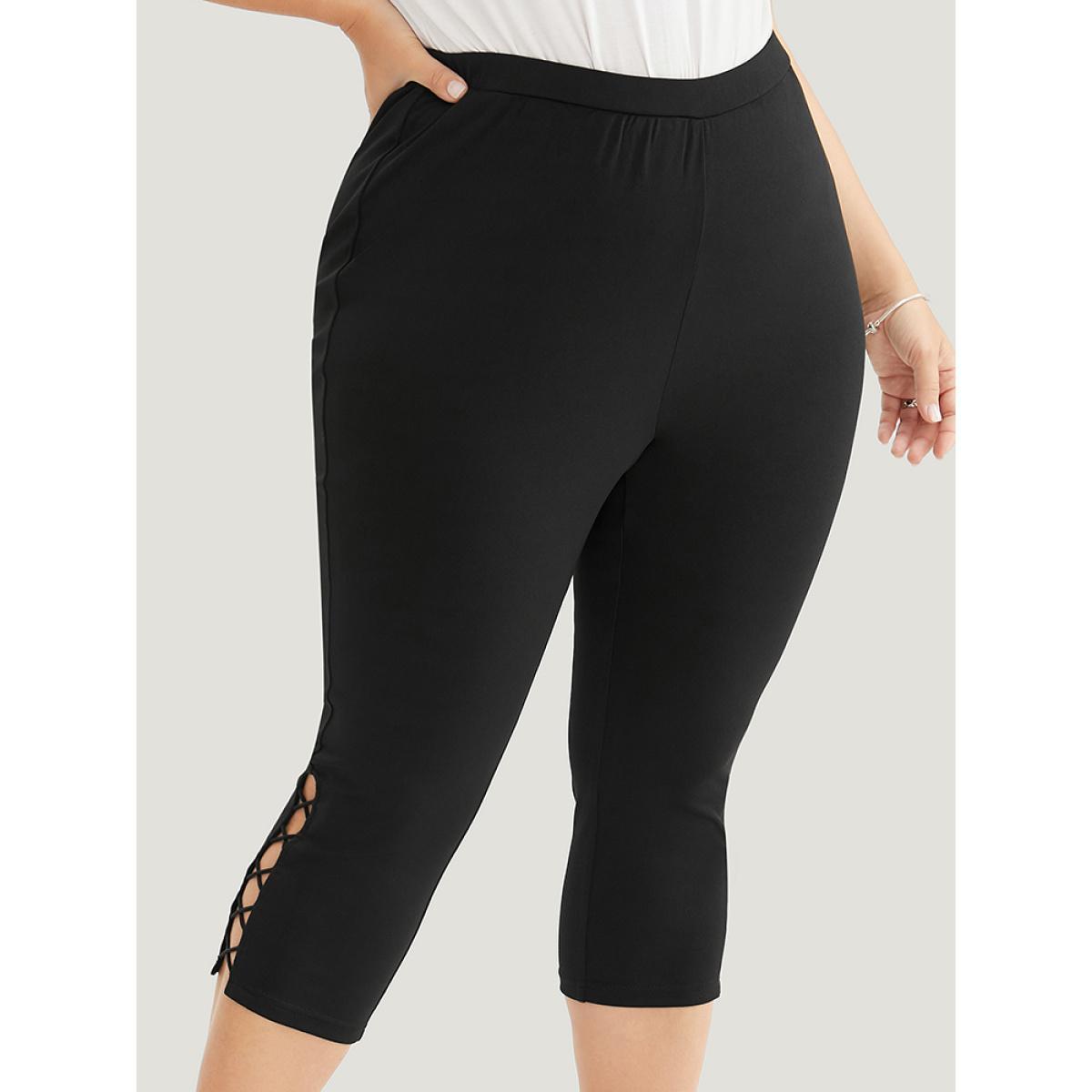 Plus Size Solid Crisscross Hem Skinny Leggings Women Black Casual High stretch Skinny Mid Rise Dailywear Leggings BloomChic 12/L Product Image