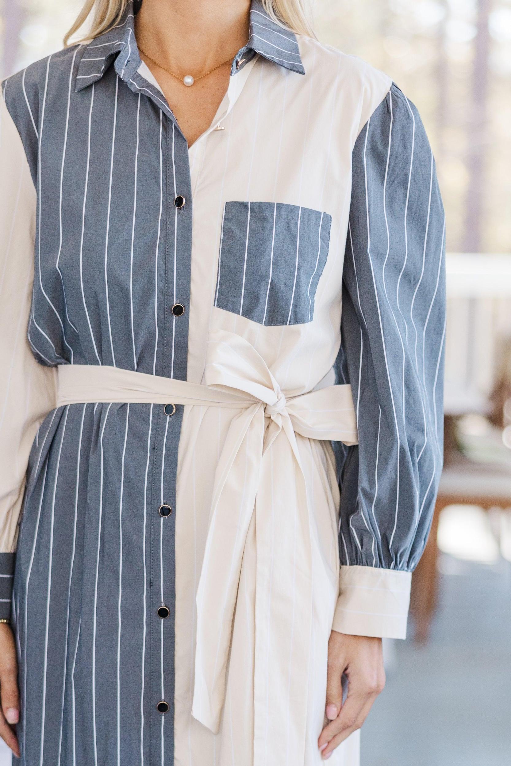 Just A Reminder Taupe Striped Midi Dress Female Product Image