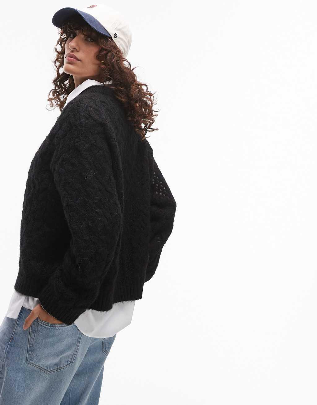 Topshop cable knit lofty relaxed sweater in black Product Image