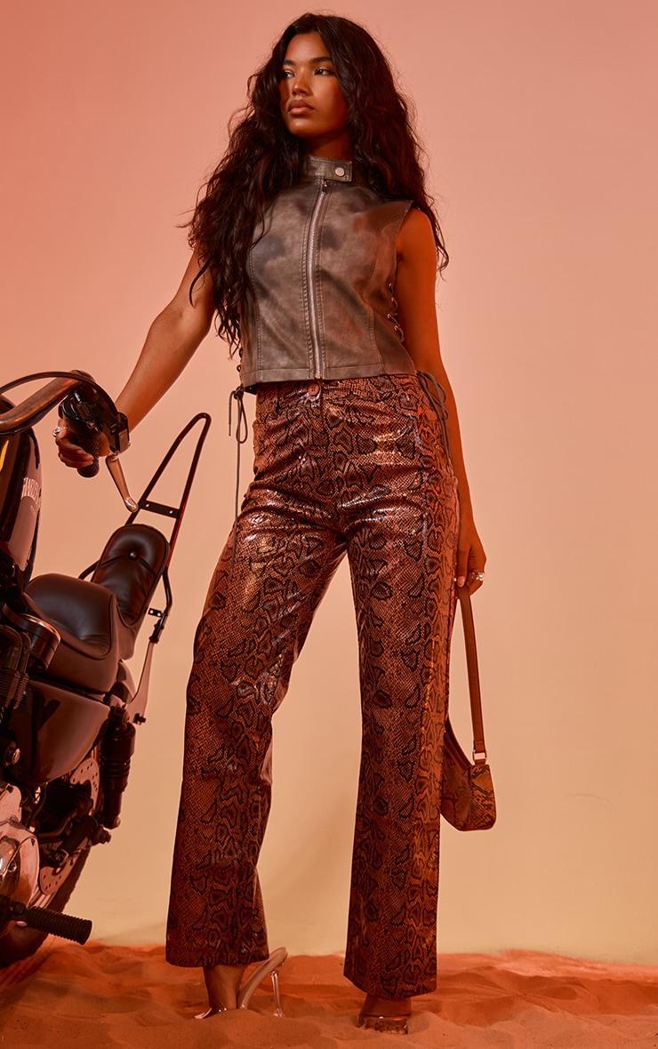 Charcoal Washed Faux Leather Lace Up High Neck Zip Top Product Image