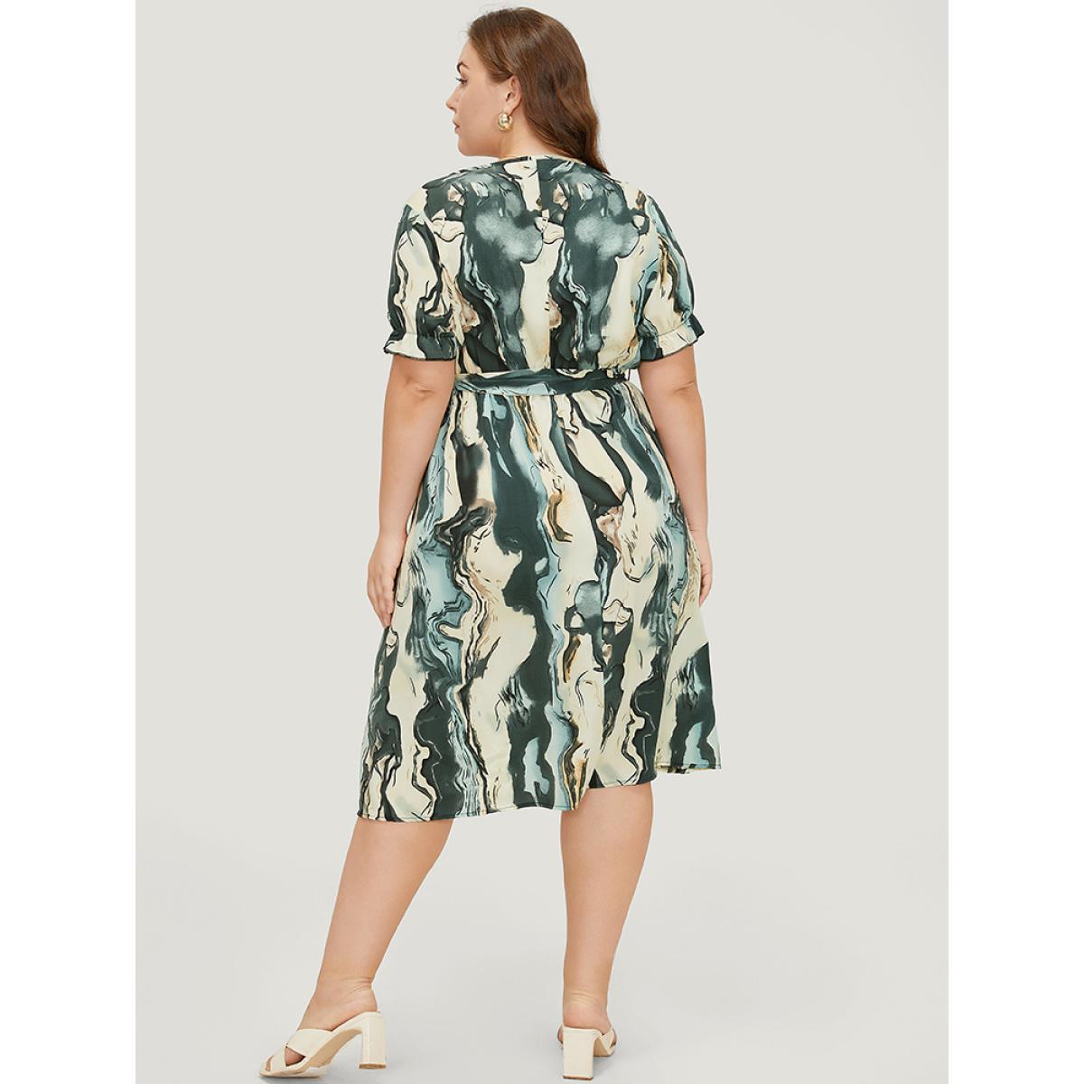 Plus Size Water Ripple Pocket Belt Puff Sleeve Dress Multicolor Women Elegant Round Neck Short sleeve Curvy Midi Dress BloomChic 12/L Product Image