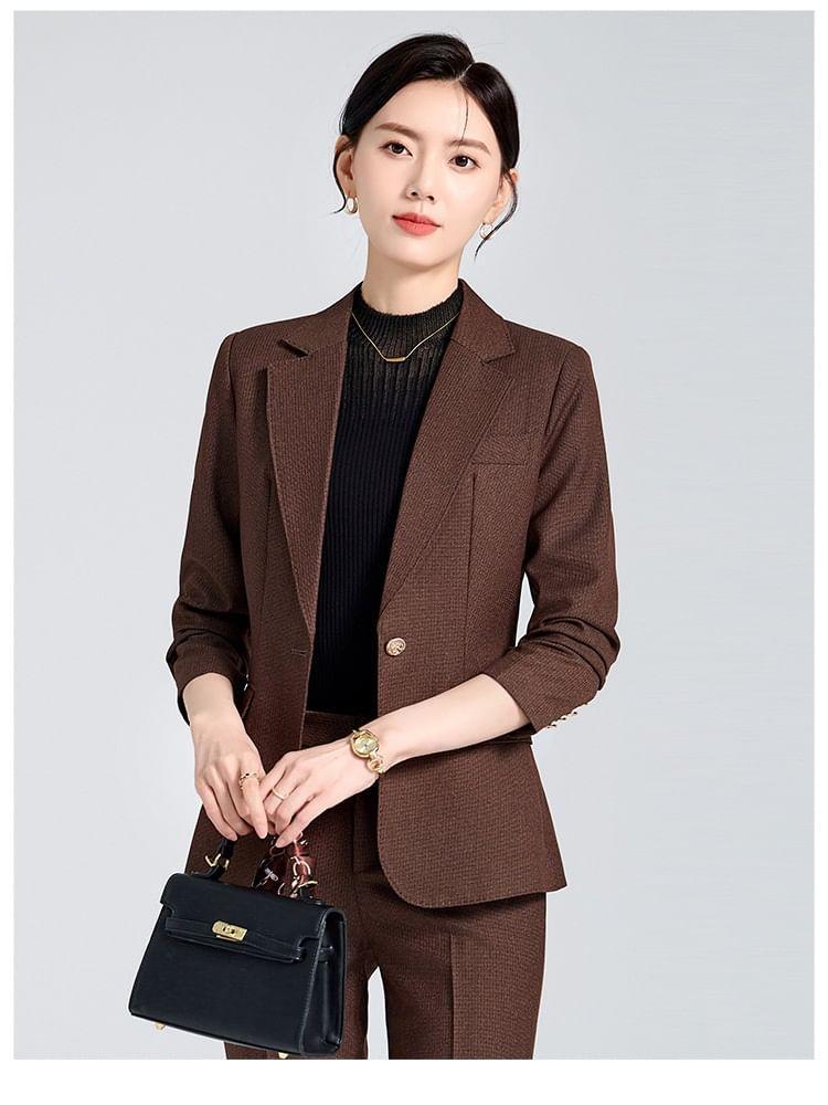 Set: Lapel Collar Plain Single Breasted Blazer + Mid Waist Plain Slacks Product Image