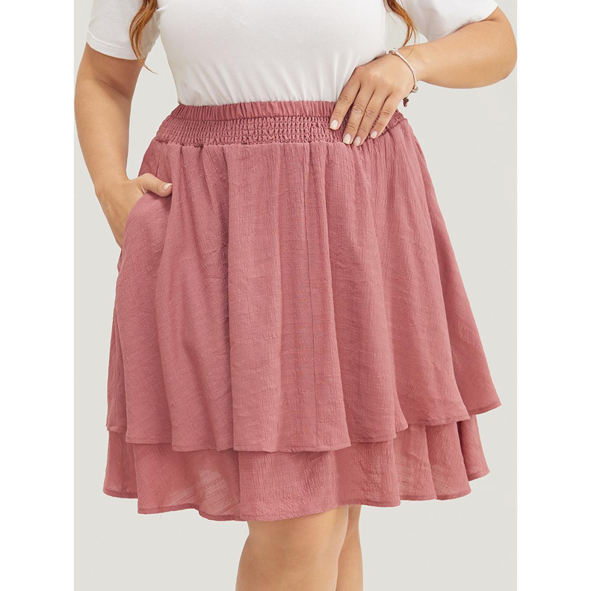 Plus Size Solid Shirred Waist Pocket Ruffle Tiered Skirt Women DustyPink Elegant No stretch Pocket Dailywear Skirts BloomChic 18-20/2X Product Image