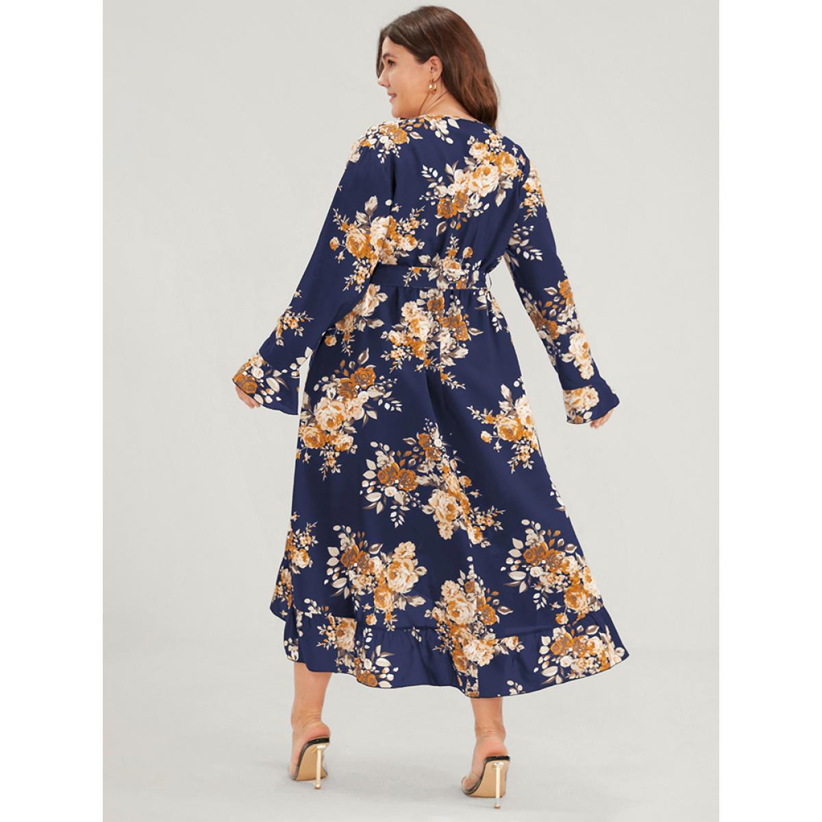 Plus Size Floral Pocket Belted Ruffles High Low Hem Wrap Midi Dress DarkBlue Women Elegant Elastic Waist V-neck Long Sleeve Curvy Midi Dress BloomChic 26/4X Product Image
