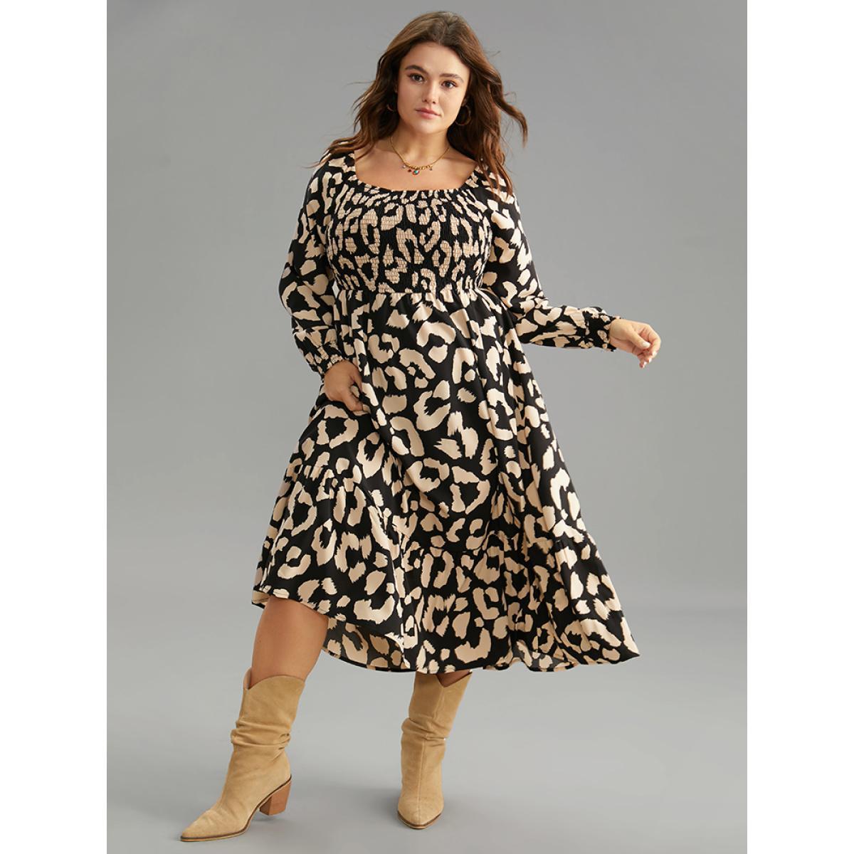 Plus Size Leopard Shirred Square Neck Lantern Sleeve Dress Black Women At the Office Printed Square Neck Long Sleeve Curvy Midi Dress BloomChic 30/6X Product Image