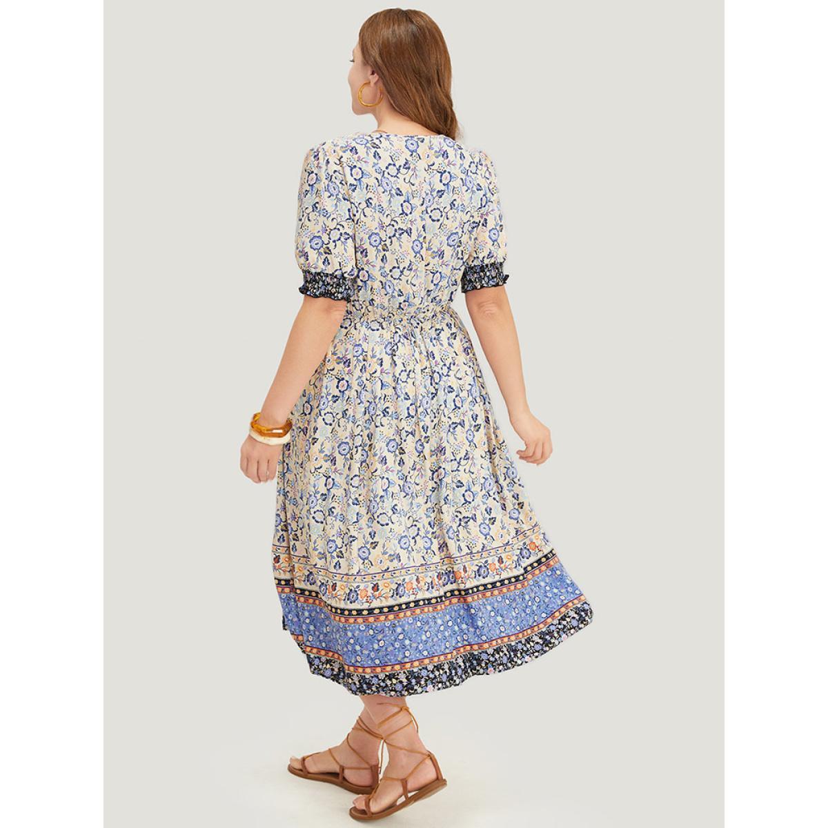 Plus Size Bandana Print Surplice Neck Pocket Shirred Puff Sleeve Dress Aegean Women Vacation Overlap Collar Short sleeve Curvy Midi Dress BloomChic 28/5X Product Image