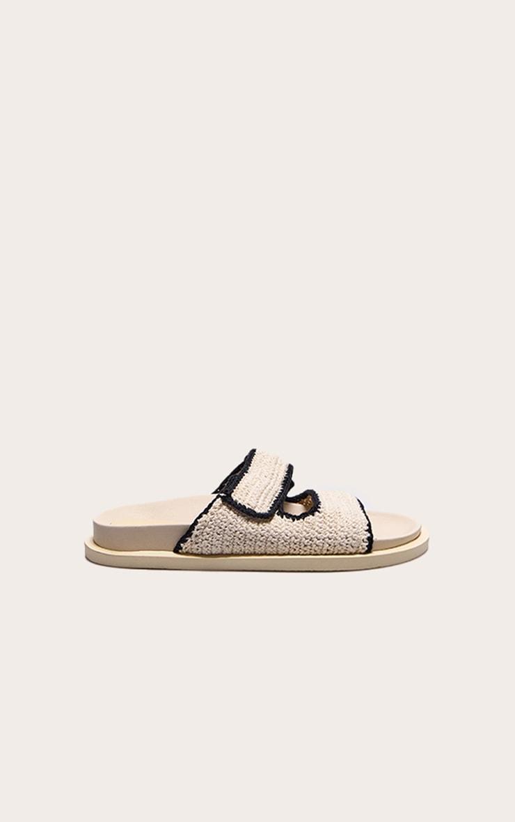 Cream Contrast Round Toe Crochet Velcro Strap Flat Footbed Sandals Product Image