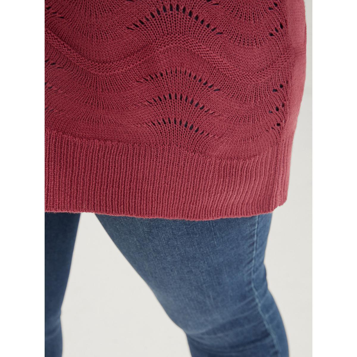 Plus Size Plain Pointelle Knit Water Ripple Eyelet Knit Top Scarlet Women Casual Loose Long Sleeve V-neck Dailywear Pullovers BloomChic 30/6X Product Image