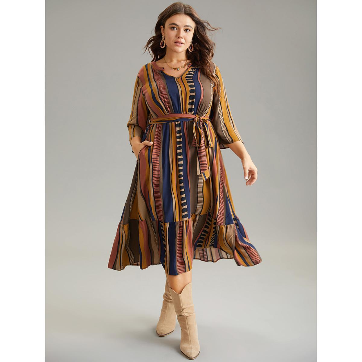 Plus Size Cotton Striped Colorblock Belted Notched Dress Chocolate Women Vacation Belted Notched collar Elbow-length sleeve Curvy Midi Dress BloomChic 10/M Product Image