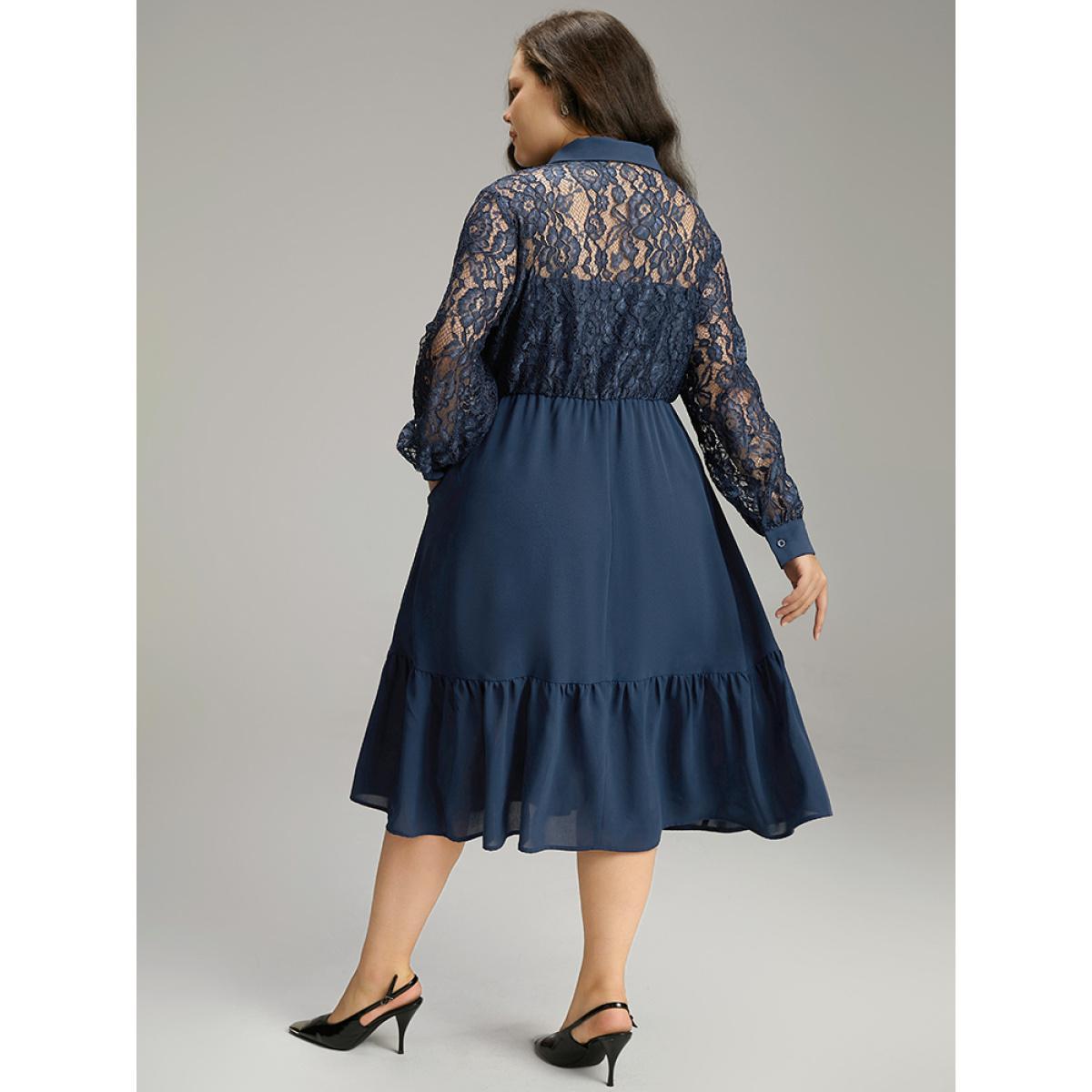 Plus Size Contrast Lace Shirt Collar Ruffle Hem Dress Indigo Women Office Plain Shirt collar Long Sleeve Curvy Midi Dress BloomChic 12/L Product Image