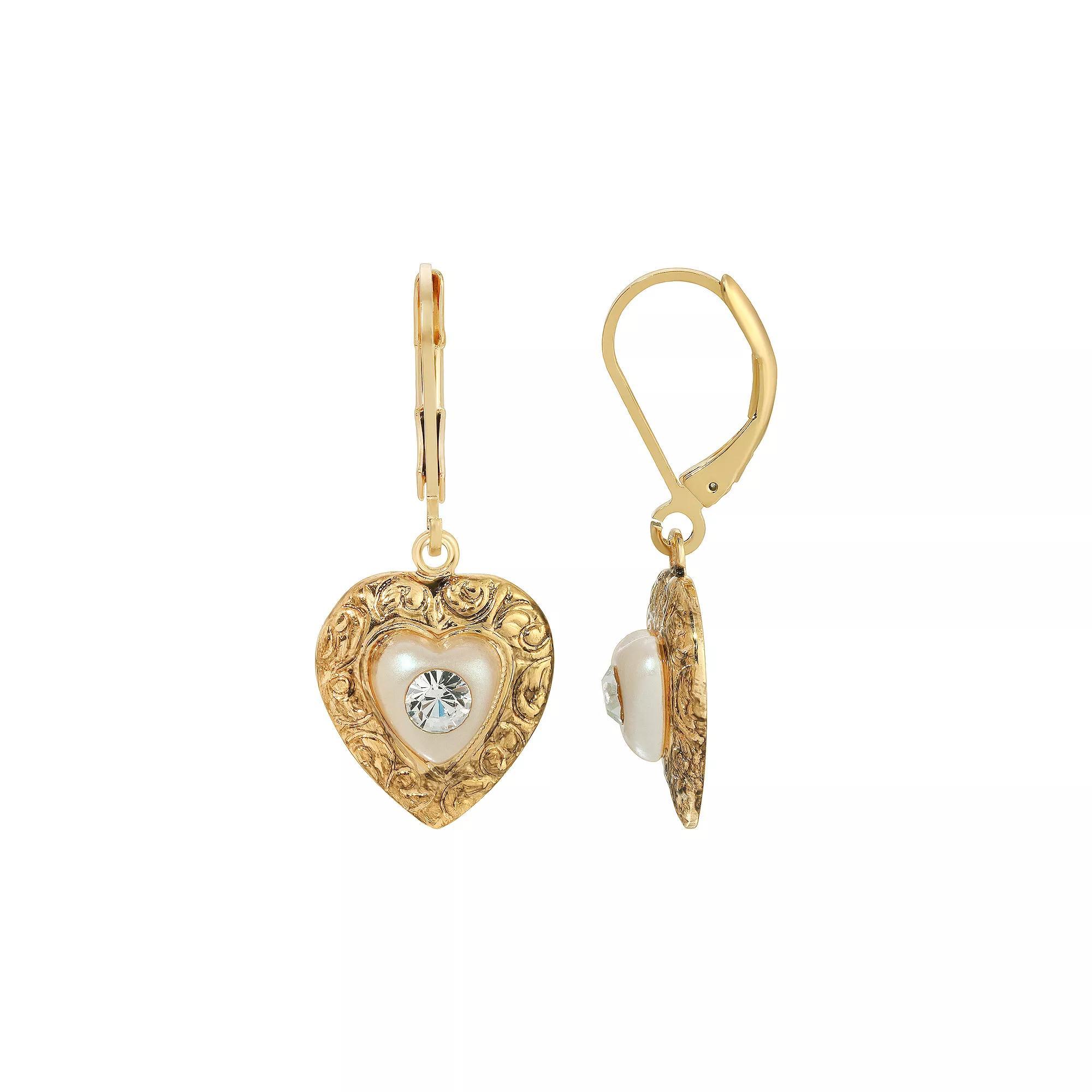 1928 Gold Tone Crystal Heart Shaped Drop Earrings, Womens, White Product Image