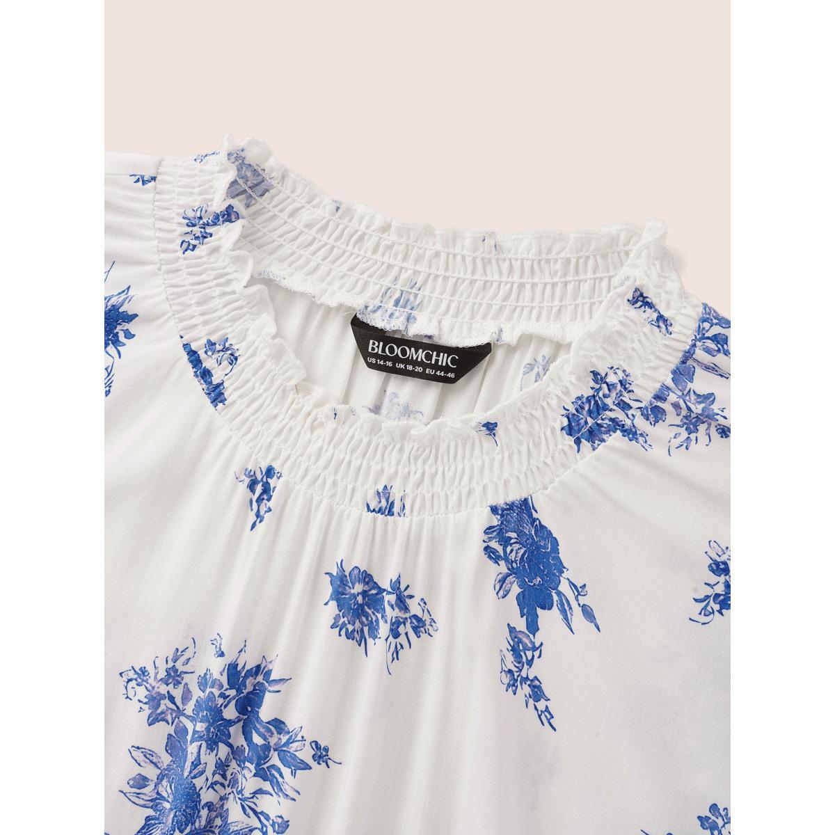 Plus Size Mediumblue Wrap Collar Floral Ruffle Sleeve Blouse Women Elegant Short sleeve Wrap collar Everyday Blouses BloomChic 26/4X Product Image
