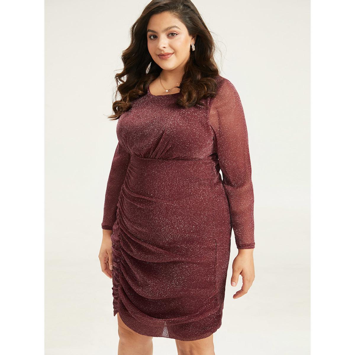 Plus Size Lurex Glitter Crew Neck Mesh Patchwork Gathered Dress Burgundy Women Casual Gathered Round Neck Long Sleeve Curvy Midi Dress BloomChic 30/6X Product Image