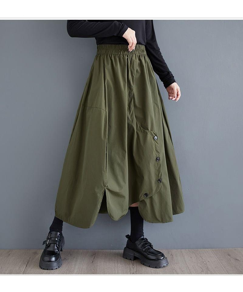 Elastic Waist Plain Asymmetrical Buttoned Slit Midi A-Line Skirt Product Image
