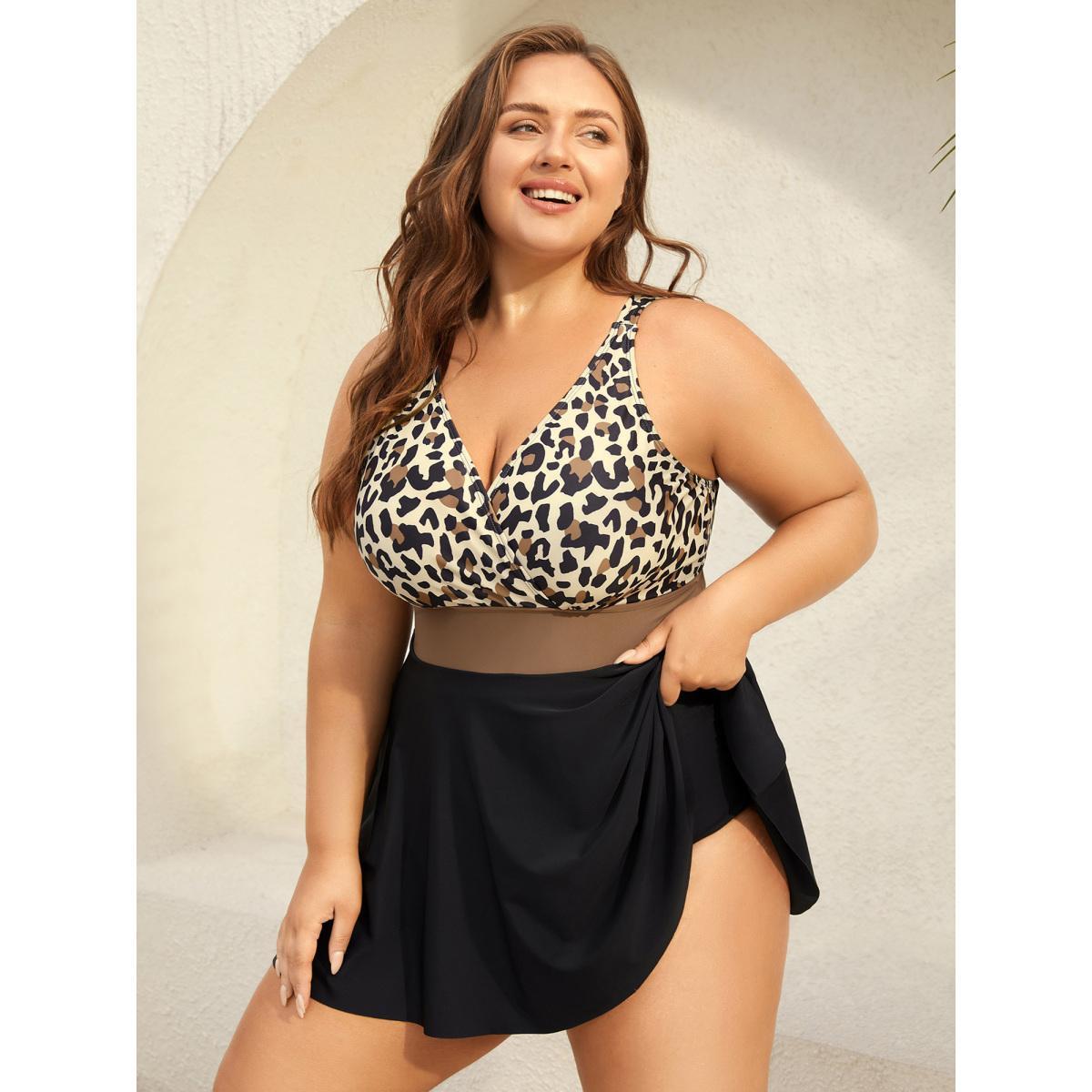 Plus Size Leopard Print Color Block Swim Dress Women's Swimwear LightBrown Beach Bodycon Overlap Collar High stretch Curve Swim Dresses BloomChic 12/L Product Image