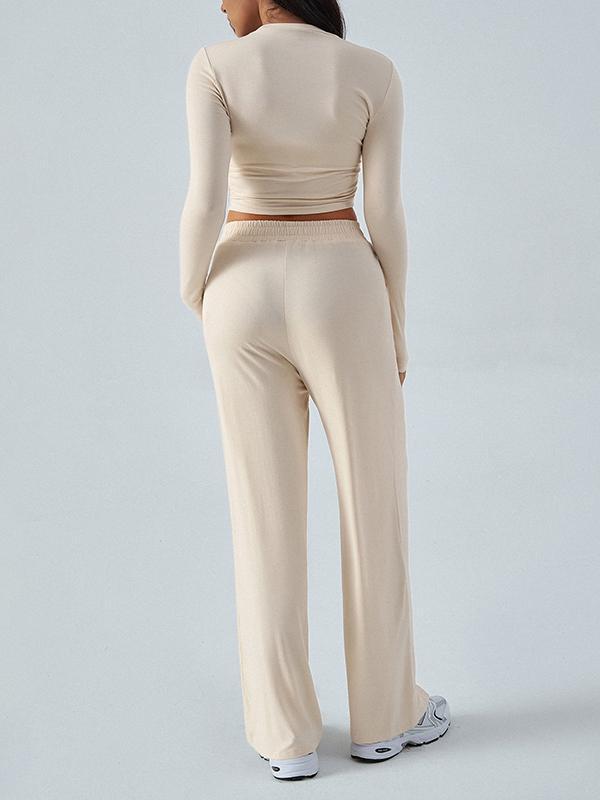 Long Sleeves Loose Solid Color Round-Neck T-Shirt Top + Drawstring Elasticity Pockets Pants Bottom Two Pieces Set Product Image