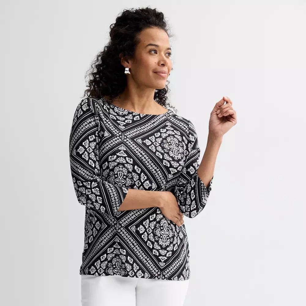 Petite Croft & Barrow® Boatneck Top, Women's, Size: Small Petite, Black Scarf Tile Product Image