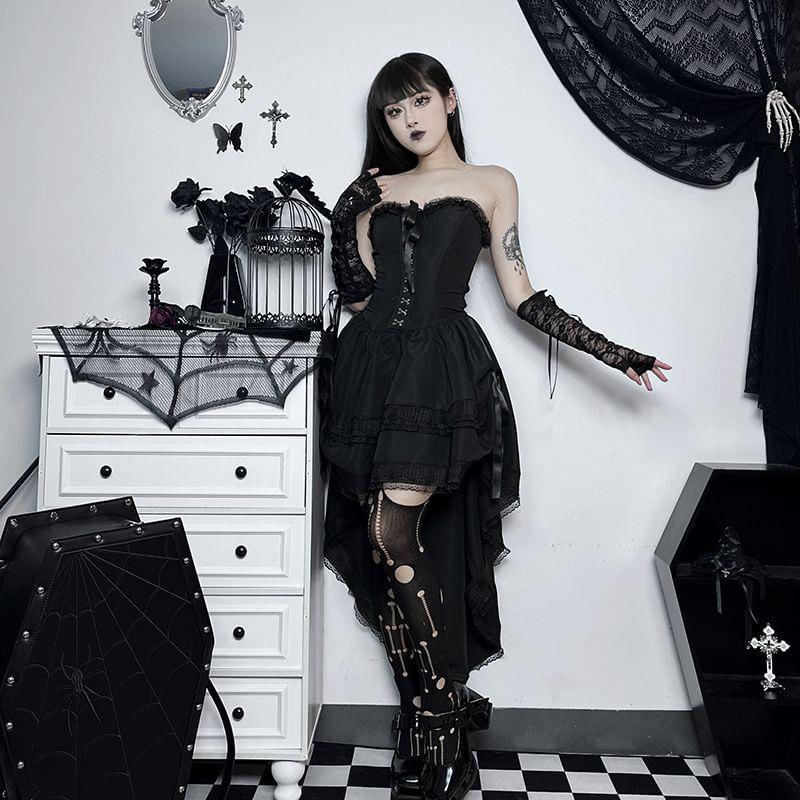 Strapless Plain Bow Lace Trim High Low A-Line Corset Dress Product Image