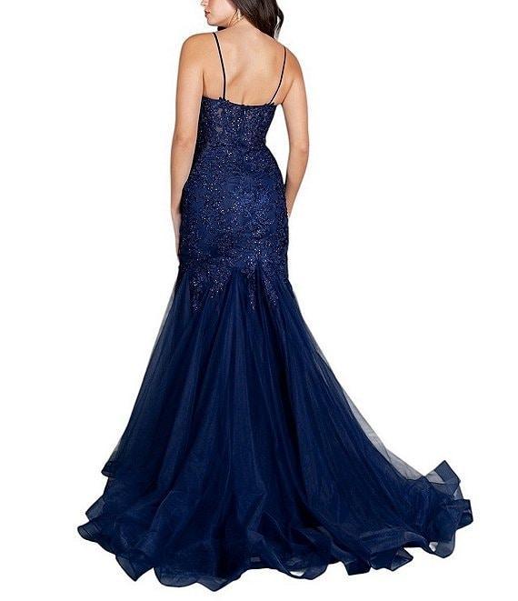 Cinderella Couture Embroidered Floral Rhinestoned Lace V-Neck Spaghetti Strap Corset Fitted Mermaid Gown Product Image