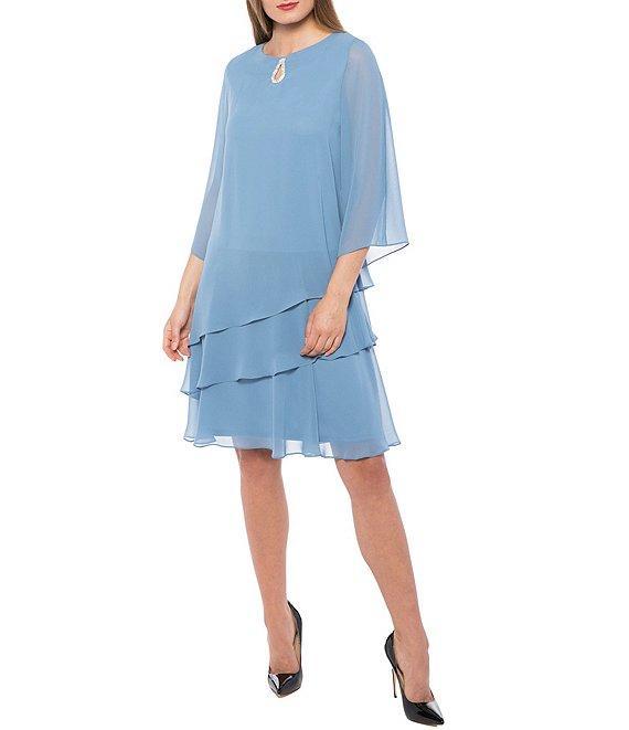 Marina Split 3/4 Sleeve Round Beaded Keyhole Neck Asymmetrical Tiered Chiffon Trapeze Dress Product Image