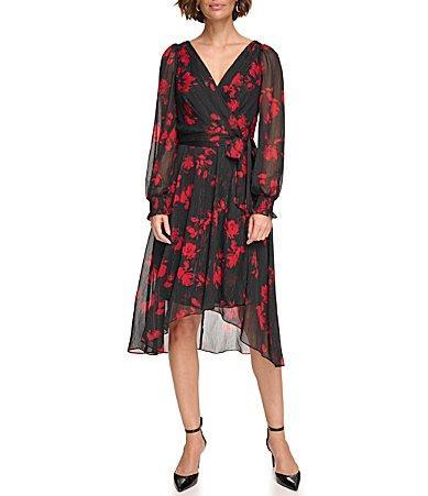 DKNY Long Balloon Sleeve with Wrap Skirt Scarlet) Women's Clothing Product Image