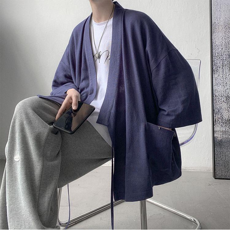 3/4-Sleeve Plain Open Front Kimono Jacket Product Image